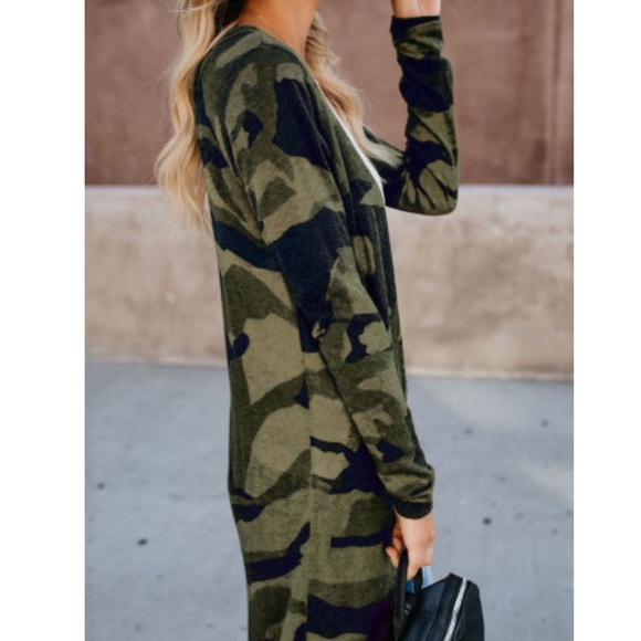 Green Camo Print Long Cardigan - Picture 2 of 6
